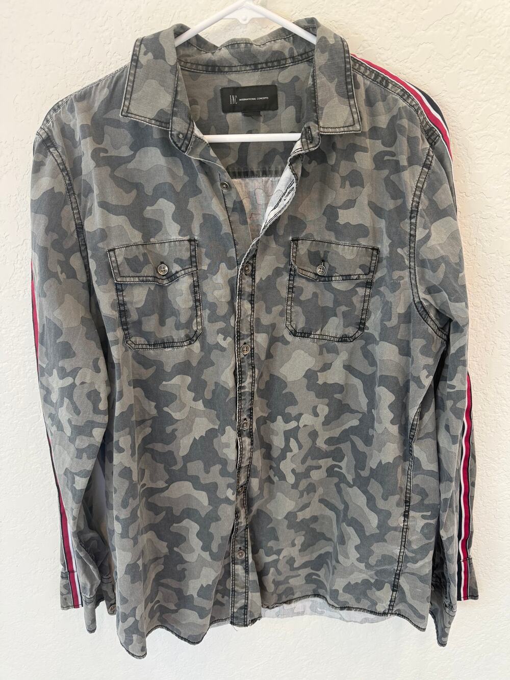 INC Internatiional Concepts Men's Gray Camo Button Down Shirt Long Sleeve L